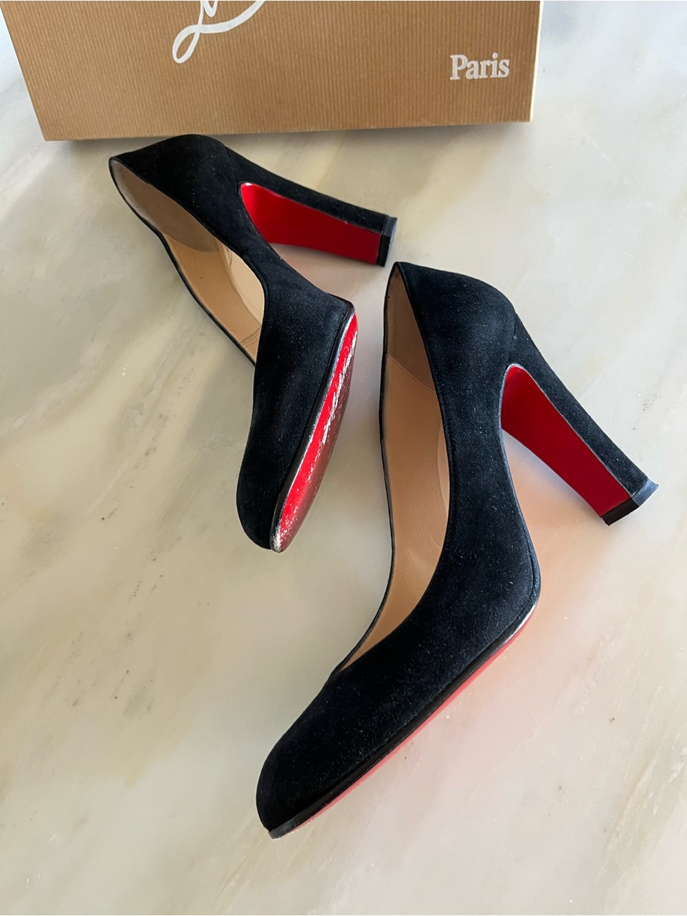 Christian Louboutin Black Suede Round-Toe Pumps - size 37 - Picture 6 of 14